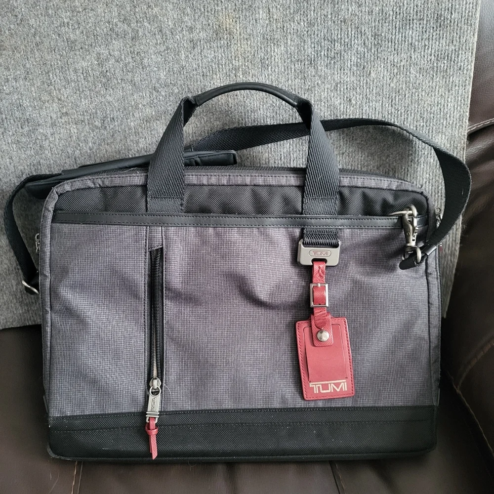 TUMI Charcoal Laptop Briefcase with Red Accents